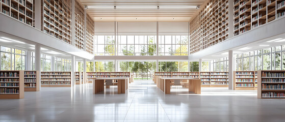 Spacious Modern Library With Wooden Furniture And Large Windows