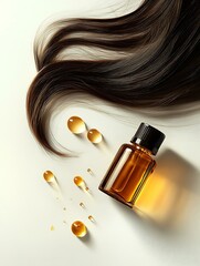 Naklejka premium Hair care Elegant hair oil and smooth hair isolated on solid pure white background, Oil for Silky Smooth Finish Botanical Hair Serums with Natural Extracts Minimalist Premium