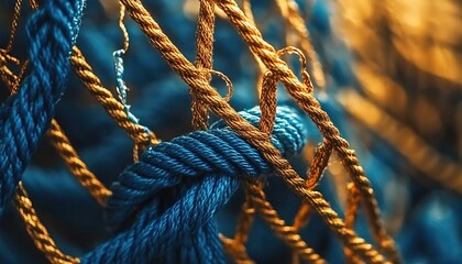 Close-up of tangled blue and golden-brown rope net.