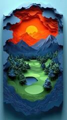Papercut Paper Cut Golf Course Green Flag Scenic Landscape Phone Mobile Background Wallpaper Art Illustration	
