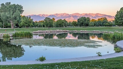 Obraz premium Serene park pond reflecting mountain range at sunset.