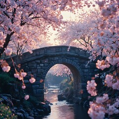 The image depicts a stone bridge with an archway set amidst cherry blossoms, with the sun's rays shining through the pink flowers.