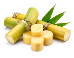 Close-up shot of sugarcane stalks and sliced pieces with green leaves on a white background. The image showcases the natural texture and color of the sugarcane