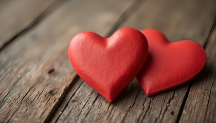 Obraz premium Valentine's background with two red hearts on rustic wood for romantic themes.