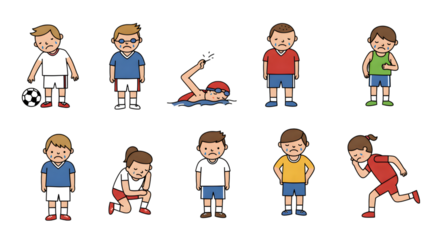 Cartoon Boys And Girls Displaying Various Emotions While Participating In Different Sports Activities