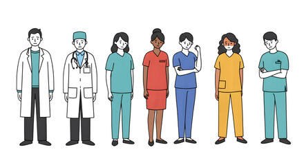 Cartoon Medical Professionals Of Diverse Backgrounds Wearing Colorful Uniforms And Hospital Attire In Healthcare Team Illustration

