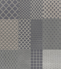 A seamless pattern tile layout featuring eight distinct geometric designs arranged in a grid.