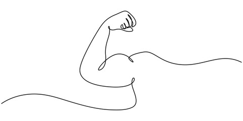 Arm shows bicep fist. Continuous one line vector, shows bicep continuous one line vector drawing, Man shows bicep fist hand continuous line drawing. Fitness and gym concept. minimal style.