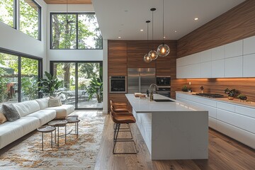 Modern kitchen with white cabinets, walnut accents, wood flooring in open-concept San Francisco home, Hovering Above the Floor design style