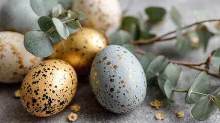 Obraz premium Easter eggs, gold and pastel blue, decorated with speckles, and eucalyptus sprigs