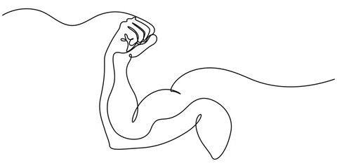 Arm shows bicep fist. Continuous one line vector, shows bicep continuous one line vector drawing, Man shows bicep fist hand continuous line drawing. Fitness and gym concept. minimal style.