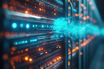 Powerful server racks with glowing lights and digital data stream