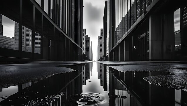 Fototapeta Black and white cityscape reflection in puddle