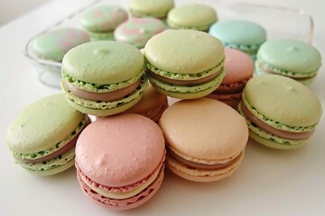 Obraz premium A close-up of a colorful macaron stack in pastel tones against a clean, minimalist background.