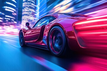 Fast red sports car in a vibrant city night