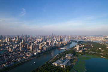 Aerial view of  Wuhan city .Panoramic skyline and buildings beside yangtze river.