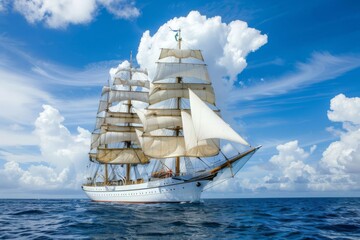 A white sailing ship with full sails is sailing on a blue ocean under a blue sky with white clouds.