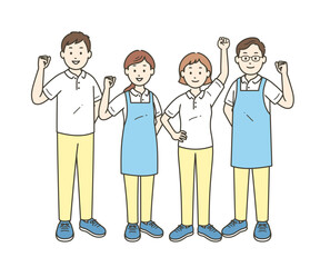 ガッツポーズをする介護士男女4人の全身イラスト