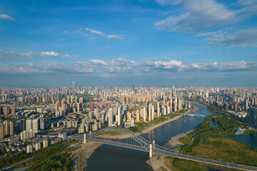 Aerial view of Wuhan skyline and Yangtze river with supertall skyscraper under construction in Wuhan Hubei China.