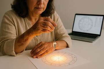 Woman using pendulum for divination with astrology chart and laptop