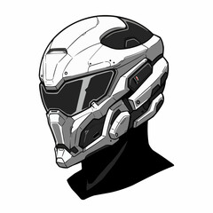 Stylized line art depicts a white, grey and black futuristic helmet design