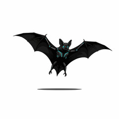 A futuristic, robotic bat with neon blue accents glides against a white background