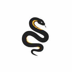 Illustration of a black snake with yellow markings on white. Snake raising head