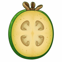 Fototapeta premium A halved feijoa, with seeds inside. Green and brown color scheme