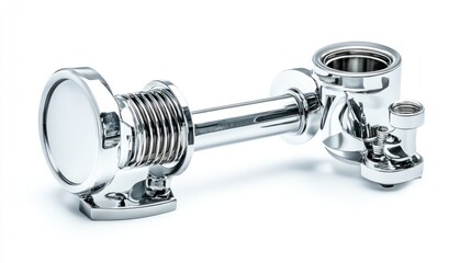 Obraz premium Shiny chrome metal industrial part with bellows and flanges, isolated on white background.