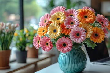 Colorful gerbera daisies in vase on white table with laptop, window showing trees, and white wall background