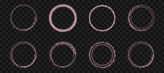 Rose gold frame bundle. Shiny metallic circular border collection. Thin glitter ring element set for card, poster, photo, label or design layout. Vector