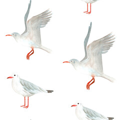 Flying and standing seagulls watercolor seamless pattern isolated on white. Hand-drawn clip art for cards, stationary, scrapbooking, wrapping paper, sea tourism products, dishes, fabric decor design
