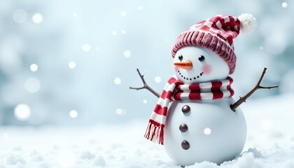 Obraz premium A cheerful snowman wearing a red and white striped hat and scarf in a snowy winter landscape.
