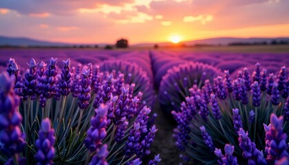 Obraz premium Endless lavender field stretches to the horizon under a soft, dreamy sunset sky, tranquil scene.