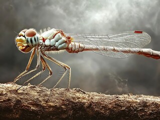 A Close-Up of a Dragonfly Perched on a Twig with Transparent, Shimmering Wings in a Backlight
