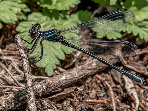 A Backlight on a Dragonfly Perched on a Twig with Transparent, Shimmering Wings, a Close-Up