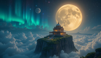 Fototapeta premium “Moon Temple Above the Clouds” An ancient temple glowing under a giant full moon, perched on a cliff high above the clouds. Magical runes float in the air. Aurora lights wave in the sky.