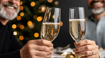 Champagne glasses held in a celebration at a party or wedding