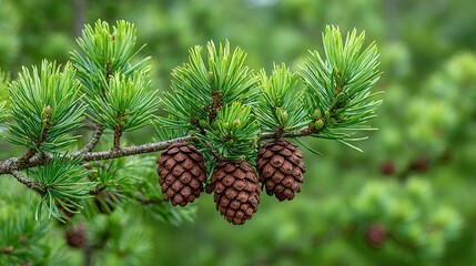 Close-up view of pine cones on a lush branch.