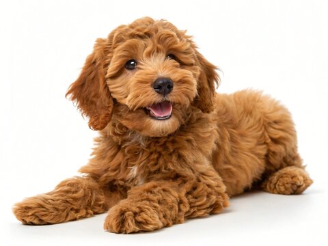 Adorable Red Mini Goldendoodle Puppy Lying Down Fluffy Fur Happy Expression