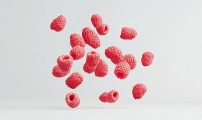 Fresh Rasberries Floating in the Air on White Background