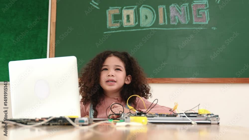 Poster attractive african student programing system while looking at camera. american girl working on her l