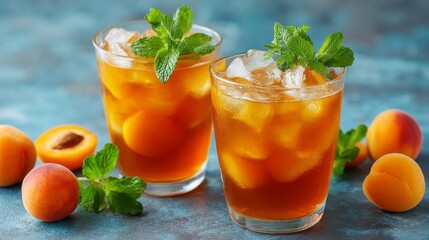 Fototapeta premium Refreshing summer peach mint cocktail recipe with apricots for a healthy detox drink