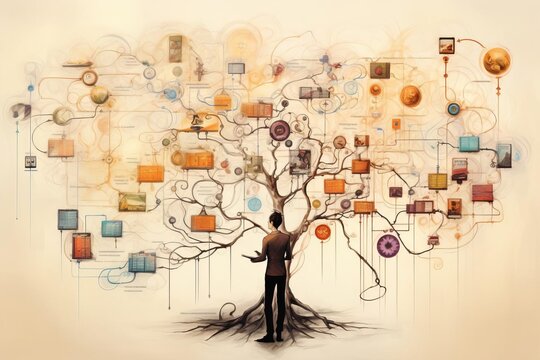 Illustration of a man standing before a tree-like structure, adorned with interconnected icons and objects against a neutral background.