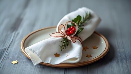 Elegant Christmas Table Setting with White Napkin and Festive Decor