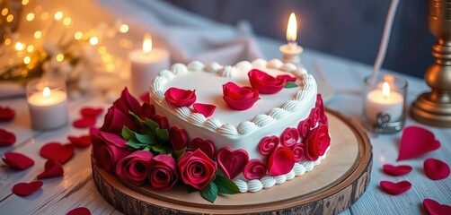 Heart-shaped cake, roses, candles, wooden board, romantic setting, dessert, food photography