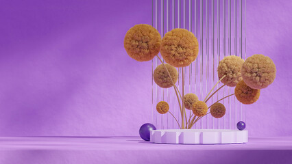 in landscape arch and glass wall, 3d rendering mockup template purple color curved cylinder podium