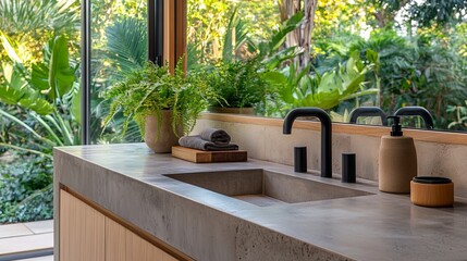 Modern bathroom with a view of lush greenery.  A concrete countertop with a sink and various plants complement the minimalist design