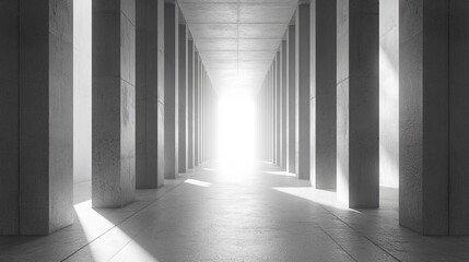 A grayscale perspective of a long, concrete corridor with pillars, leading to a bright light source