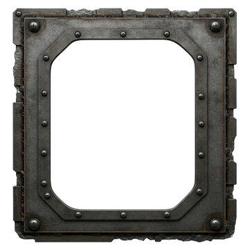 Industrial metal frame square shape weathered steel riveted grunge texture isolated on transparent background rugged mechanical sci fi futuristic design